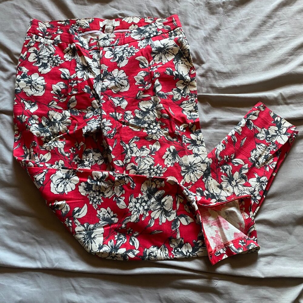 Forever 21 red ankle pencil pants with white floral motif design